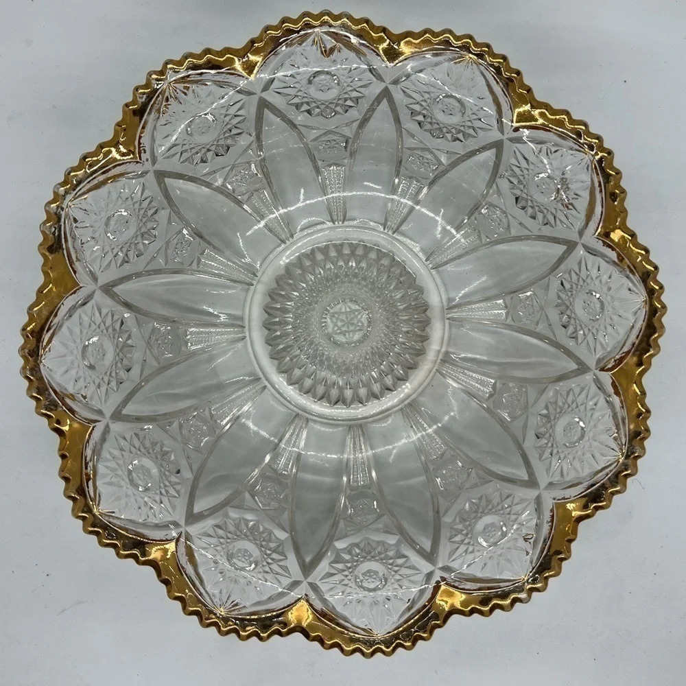 Vintage Glass Bowl EAPG American Brilliant Clear Gold Rim 9” Stars Sawtooth Rim